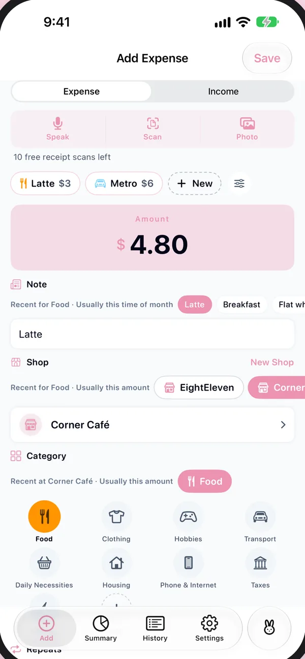 The Add Expense screen: a latte for $4.80 with Corner Café and Food already suggested.